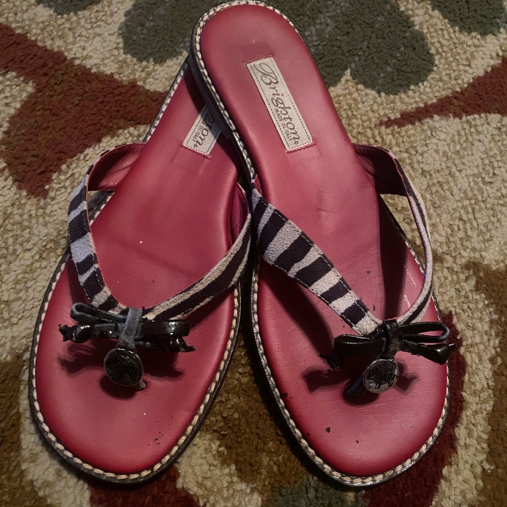 Brighton Red Leather Zebra-Trim Bow Flip Flop Sandals